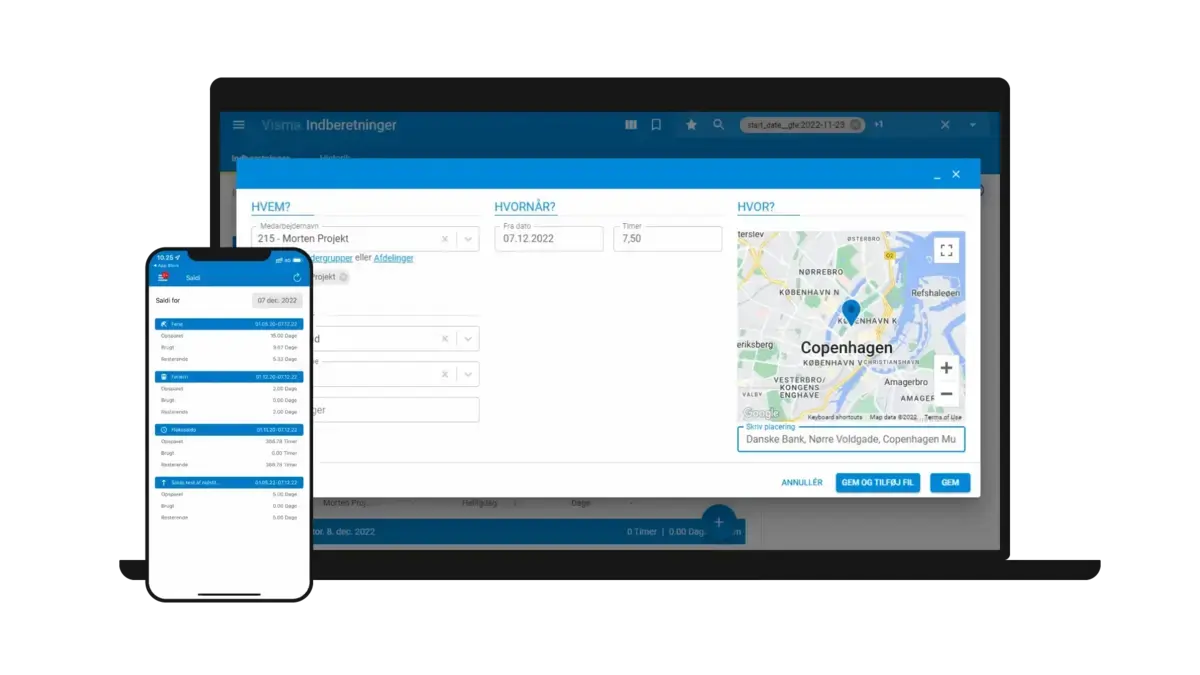 Mockup af Visma Time på computer og telefon